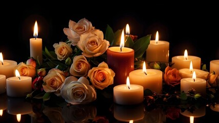 Putting out candles while holding flowers Romantic Glow and a Dramatic Scene on a Black Background Candlelight, Flowers and Burning Candles on a Black Background...