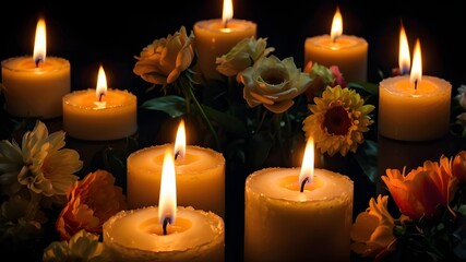 Putting out candles while holding flowers Romantic Glow and a Dramatic Scene on a Black Background Candlelight, Flowers and Burning Candles on a Black Background...