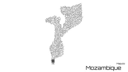 Mozambique, with its capital city of Maputo, is represented as a microchip with a central processing unit. A technological representation of the country's outline. White background.