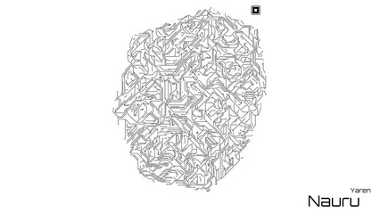 Nauru, with its capital city of Yaren, is represented as a microchip with a central processing unit. A technological representation of the country's outline. White background.