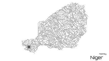 Niger, with its capital city of Niamey, is represented as a microchip with a central processing unit. A technological representation of the country's outline. White background.