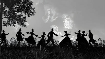 Black silhouettes of emancipated people in 1800s clothing celebrating freedom, illustration for juneteenth