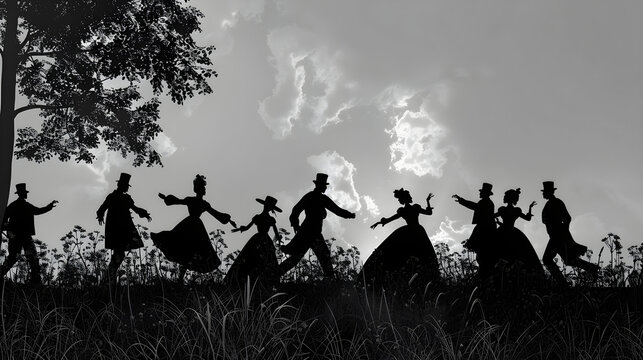 Black silhouettes of emancipated people in 1800s clothing celebrating freedom, illustration for juneteenth