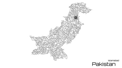 Pakistan, with its capital city of Islamabad, is represented as a microchip with a central processing unit. A technological representation of the country's outline. White background.