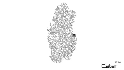 Qatar, with its capital city of Doha, is represented as a microchip with a central processing unit. A technological representation of the country's outline. White background.
