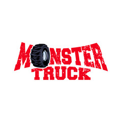 monster truck text, letter with tire vector logo design inspiration, Design element for logo, poster, card, banner, emblem, t shirt. Vector illustration © SATURA