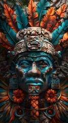 Fototapeta premium Intricately Carved Mayan Deity Statue with Ornate Feathered Headdress and Vibrant Tribal Motifs