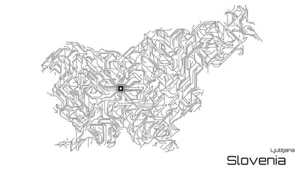 Slovenia, with its capital city of Ljubljana, is represented as a microchip with a central processing unit. A technological representation of the country's outline. White background.
