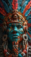 Fototapeta premium Intricately Carved Mayan Deity Statue with Ornate Feathered Headdress and Vibrant Tribal Motifs