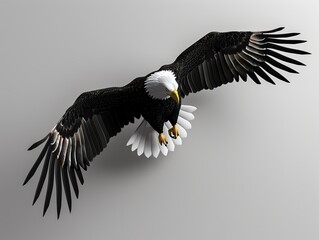 Obraz premium A 3D model of a bald eagle soaring through the air, with a blank banner for a message,