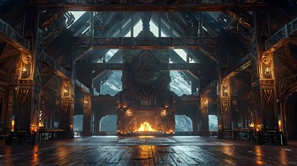 Majestic Ornate Viking Longhouse with Intricate Carved Beams and Roaring Fireplace in Mountainous Landscape