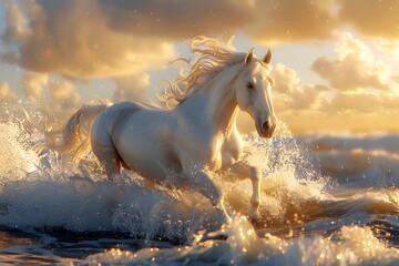 Fototapeta premium Majestic White Stallion Galloping Through Crashing Waves in Dramatic Ocean Setting with Romantic Realism Painting Style and Golden Hour Atmosphere