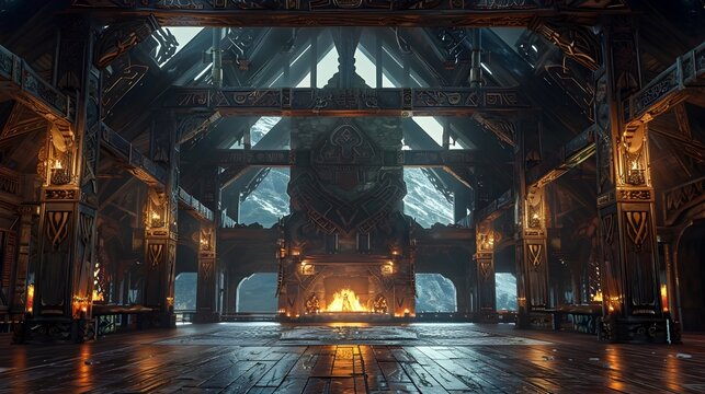 Majestic Ornate Viking Longhouse with Intricate Carved Beams and Roaring Fireplace in Mountainous Landscape