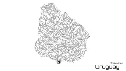 Uruguay, with its capital city of Montevideo, is represented as a microchip with a central processing unit. A technological representation of the country's outline. White background.