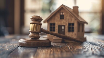 Online Foreclosure Auction: A gavel and house model illustrate the dynamics of e-commerce in real estate, highlighting the legal and bidding processes.