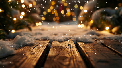 Closeup view of wooden table with snow against glowing