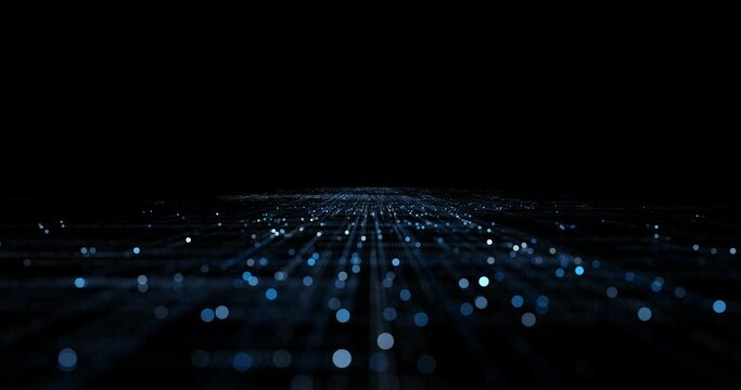 Futuristic digital technology lines and dots loop motion on clean black background.