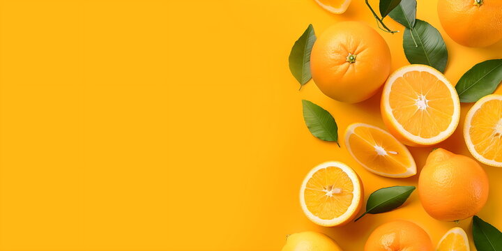 Border with oranges on an orange background. Frame with tropical fruits. Fruit summer or spring template with copy space. Banner, layout with orange fruits.