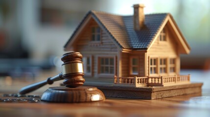 Online Foreclosure Auction: A gavel and house model illustrate the dynamics of e-commerce in real estate, highlighting the legal and bidding processes.