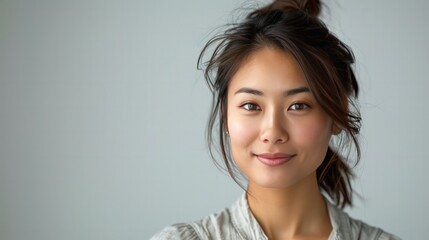 Fototapeta premium Cute Asian Woman in Casual Wear: Illustrate a close-up of a cute Asian woman wearing casual clothing, looking directly at the camera with a bright smile.