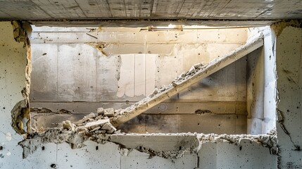 Eerie Vantage, View Through Ceiling Gap to Concrete Wall Remnants. Generative Ai