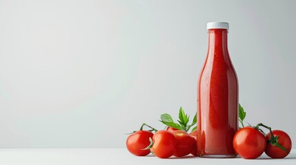 Glass bottle filled with red tomato sauce placed on white studio background