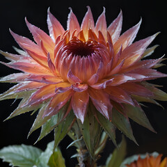 a pink flower with green leaves in a vase