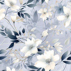 Fototapeta premium Elegant seamless pattern featuring delicate wildflowers and leaves in clean tones, intertwined with water and ink color effects, creating a luxury design