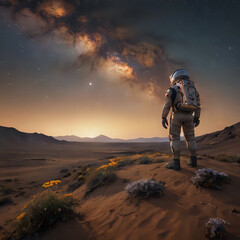 astronaut standing on a desert looking at the stars