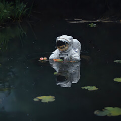 Fototapeta premium a small astronaut floating in a pond with a flower