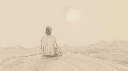 Biblical Illustration of Psalms 63: Psalm of longing for God, expressing deep thirst for His presence, rejoicing in His steadfast love and protection in wilderness, Beige Background, copyspace