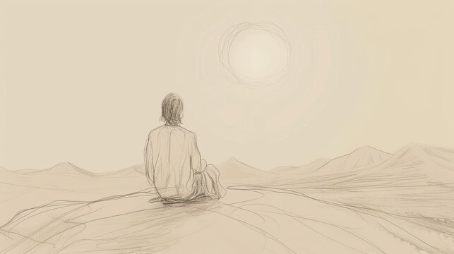 Biblical Illustration of Psalms 63: Psalm of longing for God, expressing deep thirst for His presence, rejoicing in His steadfast love and protection in wilderness, Beige Background, copyspace