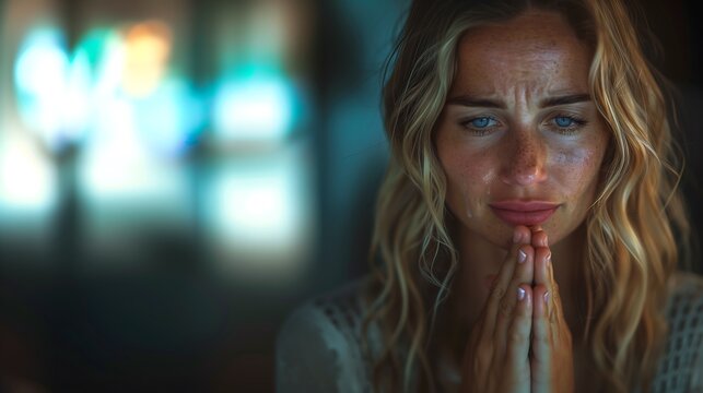 Mulher loira chorando desesperado recorrendo a Deus atrav&eacute;s da ora&ccedil;&atilde;o