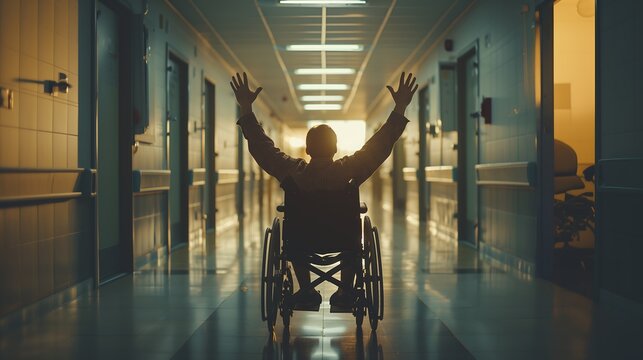 Man in wheelchairs thanking God leaving hospital, Homem de cadeiras de roda agradecendo a Deus saindo do hospital