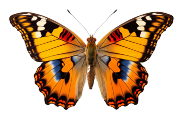 A beautiful butterfly with orange and black wings and white spots on the edges of the wings.