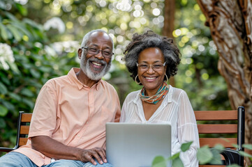 Senior couple with laptop computer in park. Happy african american people with tablet technology outside. Old black man and woman sitting on park bench watching laptop computer. Mature retiree couple