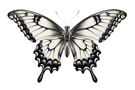 A beautiful black and white butterfly with yellow and orange markings on its wings.