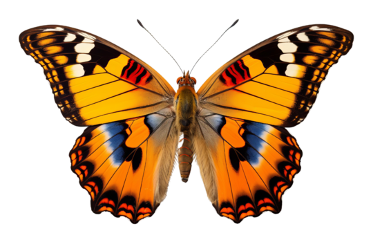A beautiful butterfly with orange and black wings and white spots on the edges of the wings.