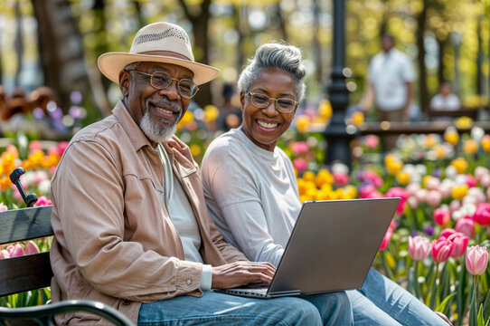 Senior couple with laptop computer in park. Happy black people with tablet technology outside. Smiling old man and woman sitting on park bench watching laptop computer. Mature retiree african couple