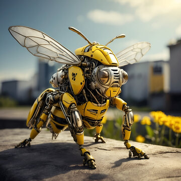 imagine of bee Robot, fit for Mascot, T-Shirt Design, Album Cover. bee robot cartoon. Sci-fi of bee robot cyborg machine character logo mascot.