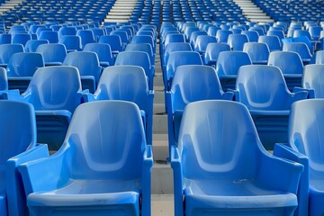 Naklejka premium rows of empty blue stadium seats, symmetric perspective, high detail, no people, sports arena vibe.