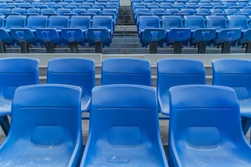 Fototapeta premium rows of empty blue stadium seats, symmetric perspective, high detail, no people, sports arena vibe.