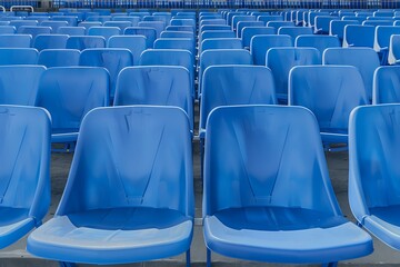 Fototapeta premium rows of empty blue stadium seats, symmetric perspective, high detail, no people, sports arena vibe.