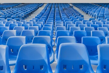 Fototapeta premium rows of empty blue stadium seats, symmetric perspective, high detail, no people, sports arena vibe.