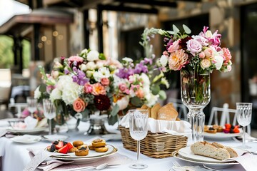 Fototapeta premium an elegant outdoor dining setting with a lavish centerpiece of lush flowers, well-arranged plates with appetizers