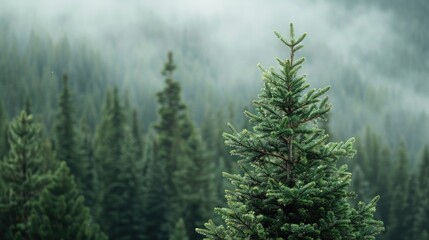 Green forest on misty mountain ridge