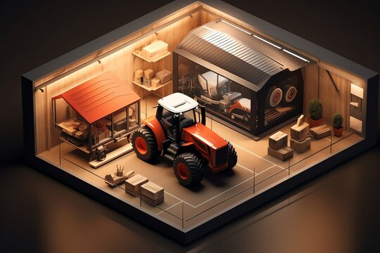 Tractor in a barn with a workshop and a house in the isometric style.