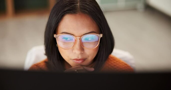 Business, woman and reflection on glasses in home while reading article, blog post and research information. Thinking, career and female journalist for copywriting, remote work and eyewear in house