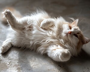 A beautiful fluffy white cat laying on its back, stretching its limbs, enjoying the tranquility and warmth on an indoor cement floor