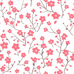  minimalistic seamless background pattern of little pink flowers on a white